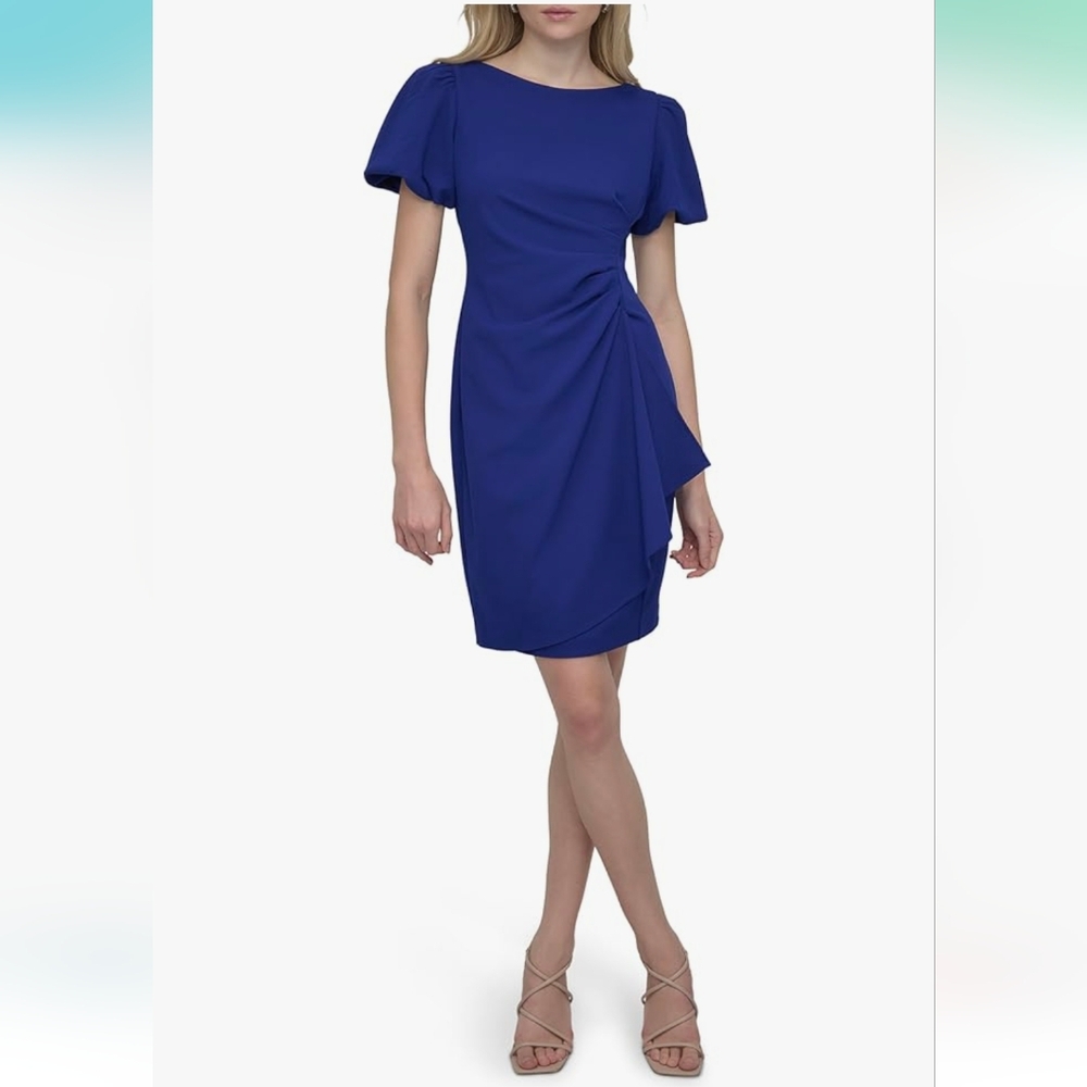 DKNY Women's Petite Short Sleeve Boat Neck Side Ruched Dress, size 10P - Picture 2 of 14